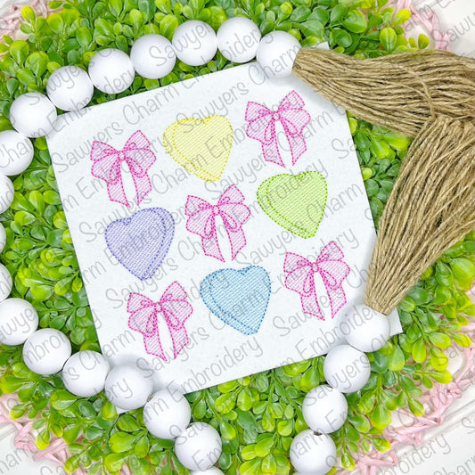 Coquette bows conversation candy hearts grid, sketch stitch machine embroidery design, love XOXO hugs & kisses, Valentine's Day, large sizes