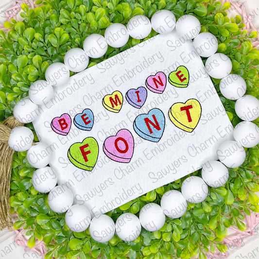 Be Mine conversation hearts machine embroidery font, fill stitch heart, satin stitch block uppercase letters, BX format included, 1/2"-2"
