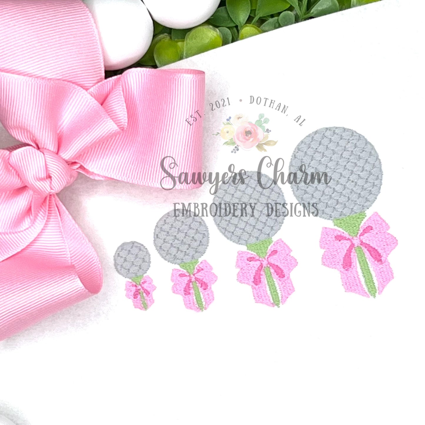 Mini filled Coquette bows golf ball on tee machine embroidery design, quick stitch, spring sports, perfect for monogram small sizes, masters