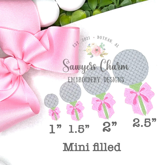 Mini filled Coquette bows golf ball on tee machine embroidery design, quick stitch, spring sports, perfect for monogram small sizes, masters