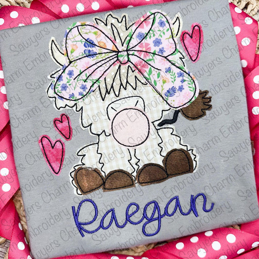 Highland cow with bow & hearts chewing gum bean stitch machine applique embroidery design file, Valentine's Day, love, coquette farm girl