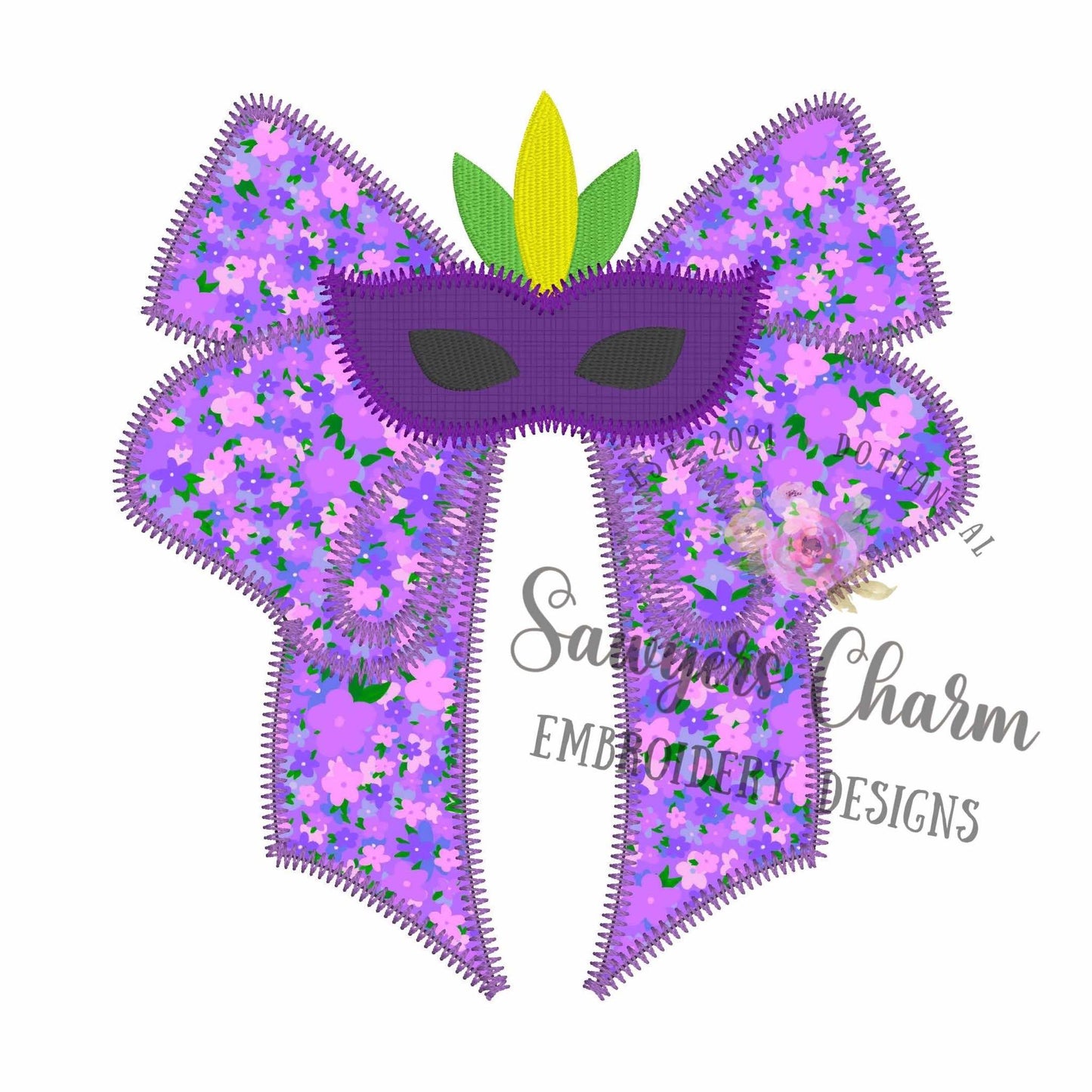 BUNDLE Coquette bow with Mardi Gras mask bean & zig zag stitch machine applique embroidery design, quick stitch, party, parade, large sizes