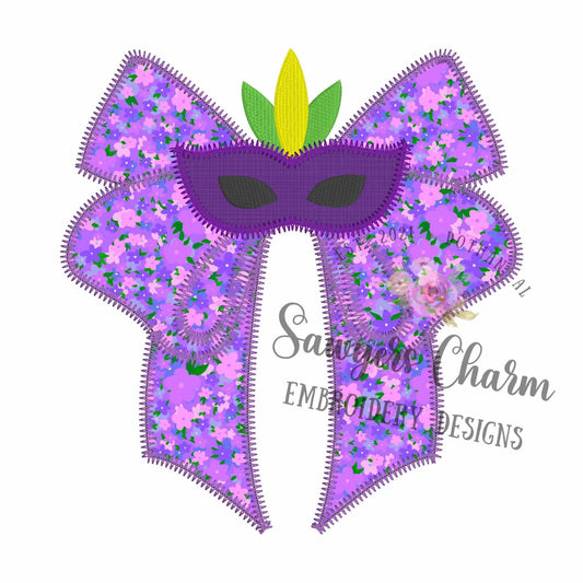 BUNDLE Coquette bow with Mardi Gras mask bean & zig zag stitch machine applique embroidery design, quick stitch, party, parade, large sizes
