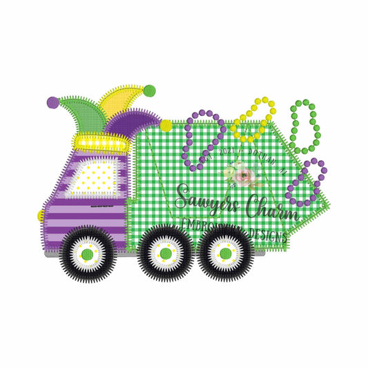 BUNDLE Mardi gras garbage truck with beads/jester hat bean & zig zag stitch machine applique embroidery design, quick stitch, party, parade