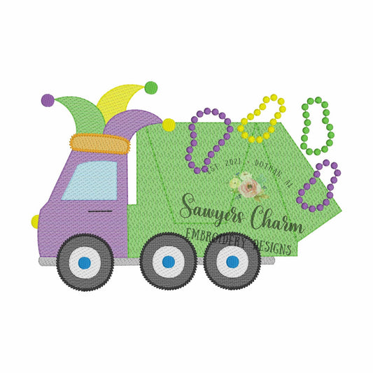 Mardi gras garbage truck with beads & jester hat sketch stitch machine embroidery design, quick stitch, party, parade, city trash vehicle