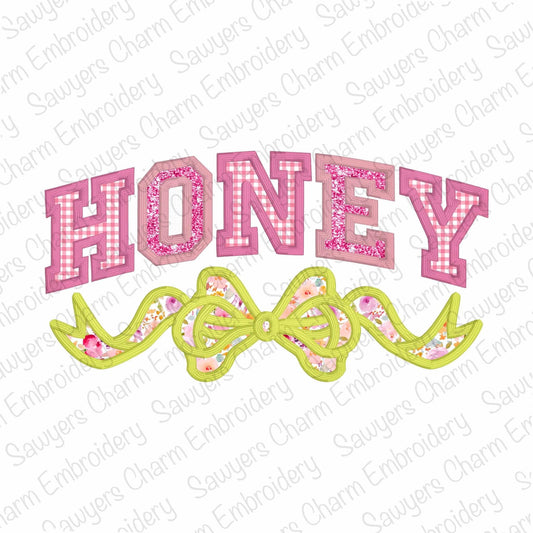 Honey with coquette bow satin stitch machine embroidery design file, Mother's Day, love, Valentine's Day, athletic style letters, grandma