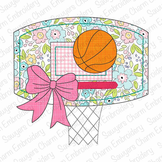 BUNDLE basketball goal plate with coquette bow machine embroidery design file, bean & zig zag stitch, quick stitch, sports fan game day, net