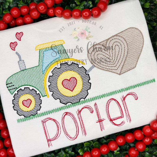 Valentine's Day tractor with heart haybale, heart smoke sketch stitch machine embroidery design file, quick stitch, love day, farm, xoxo