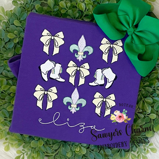 Coquette bows Mardi Gras grid, sketch stitch machine embroidery design, quick stitch, fleur de lis, majorette dance boots, large sizes