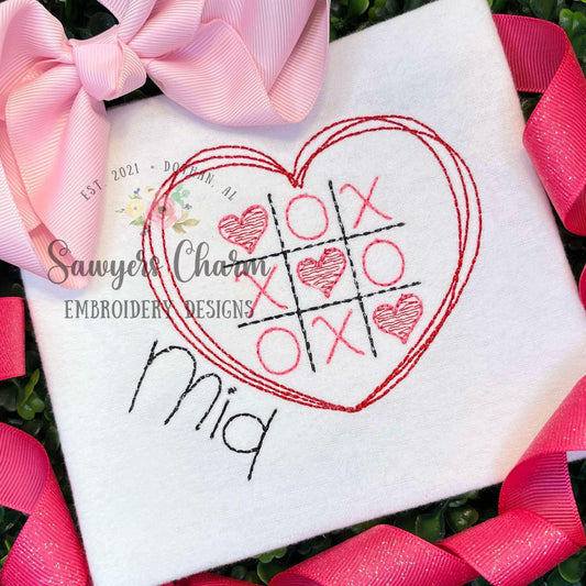 Valentine's Day Heart frame tic tac toe bean stitch machine embroidery design file, quick stitch, love day, game, sketch, XOXO, be mine