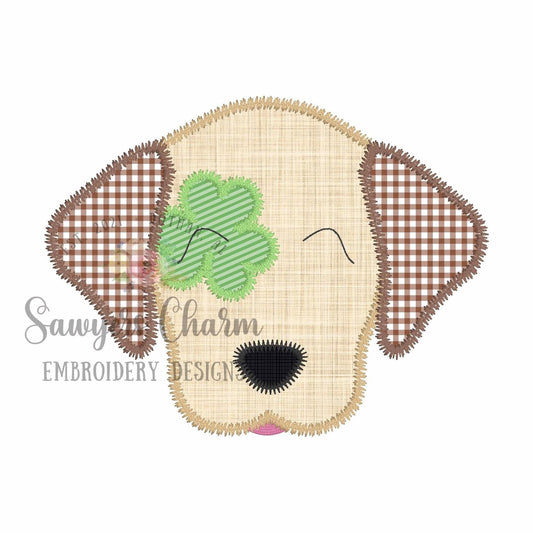 BUNDLE Puppy dog shamrock patch zig zag applique, machine embroidery design file, with & without bow, quick stitch, lab, St. Patrick's Day