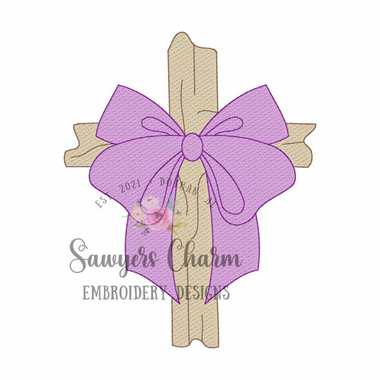 Cross with coquette bow sketch stitch machine embroidery design file, Easter Sunday, resurrection day, Jesus, spring, He is risen