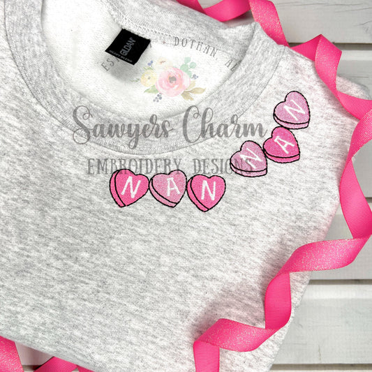 Be Mine conversation hearts machine embroidery font, fill stitch heart, satin stitch block uppercase letters, BX format included, 1/2"-2"