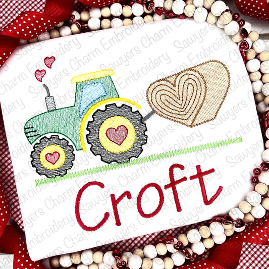 Valentine's Day tractor with heart haybale, heart smoke sketch stitch machine embroidery design file, quick stitch, love day, farm, xoxo