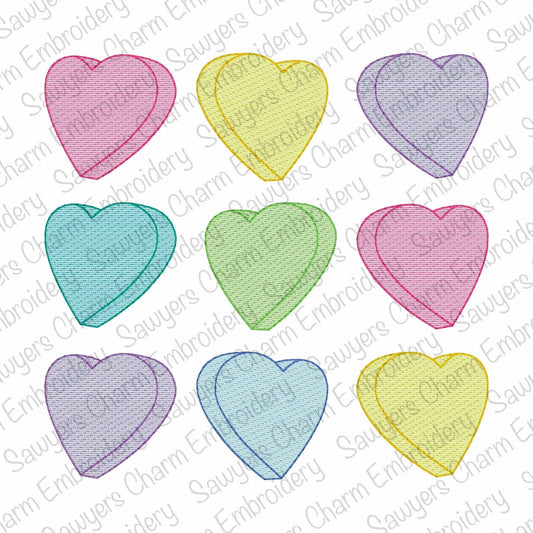 Valentine's Day conversation candy hearts grid, sketch stitch machine embroidery design, love, XOXO, hugs and kisses, coquette, large sizes