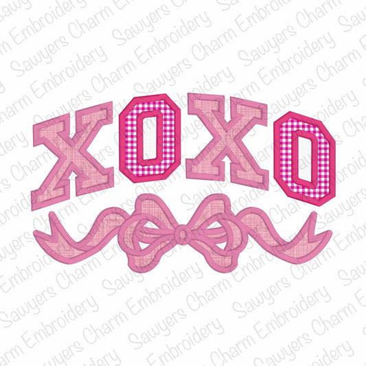 XOXO with coquette bow satin stitch machine embroidery design file, Mother's Day, love, Valentine's Day, athletic style letters, hugs kisses