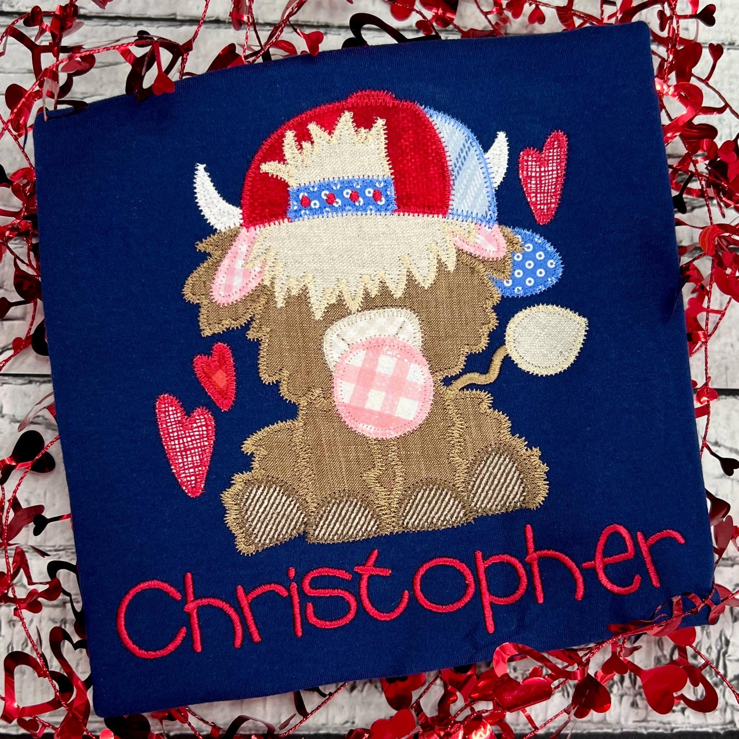 Highland cow baseball cap/hat & hearts chewing gum zig zag stitch machine applique embroidery design file, Valentine's Day, love, farm