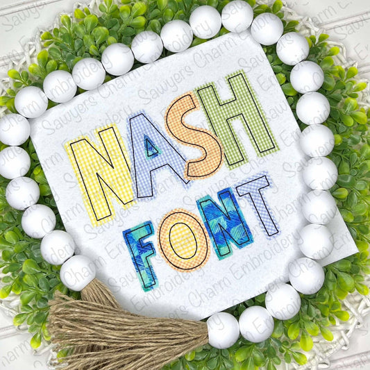 Nash bean stitch machine applique embroidery font, uppercase letters, BX format included, 2"-8", quick stitch, numbers included