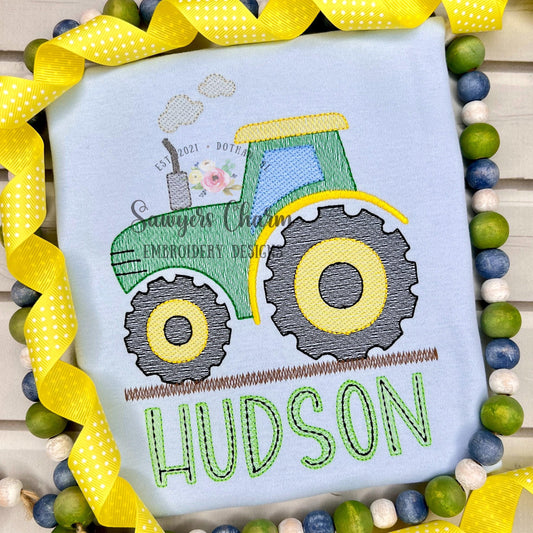 Tractor with smoke sketch stitch machine embroidery design file, quick stitch, spring harvest, farm, farmer, field