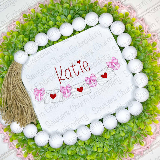 Coquette bows Valentine's Day envelopes bunting banner, sketch stitch machine embroidery design, love, XOXO, hugs & kisses, monogram frame
