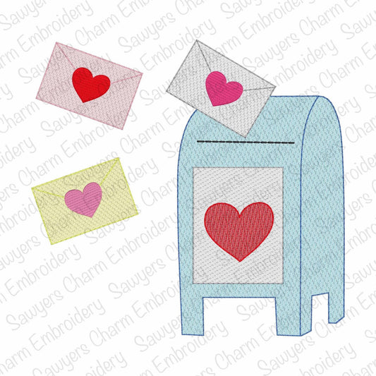 Valentine's Day mailbox & love letters light fill sketch stitch machine embroidery design, quick stitch, XOXO, Be Mine, hearts