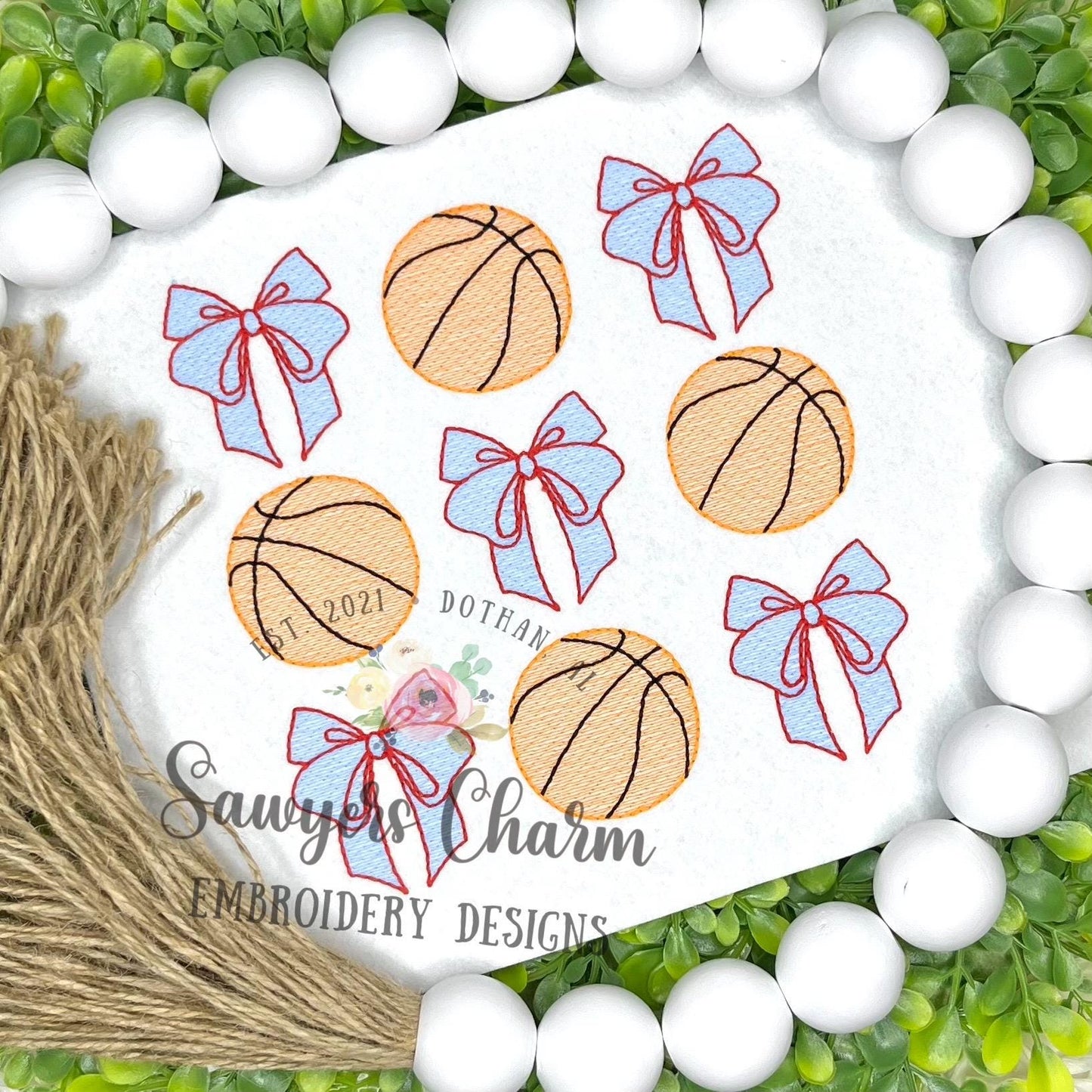 Coquette bows basketball grid, sketch stitch machine embroidery design, quick stitch, spring sports, large sizes, player, fan, court