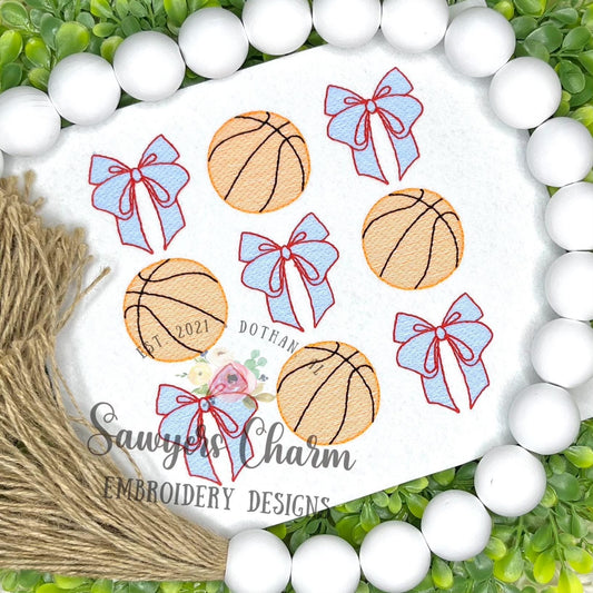Coquette bows basketball grid, sketch stitch machine embroidery design, quick stitch, spring sports, large sizes, player, fan, court