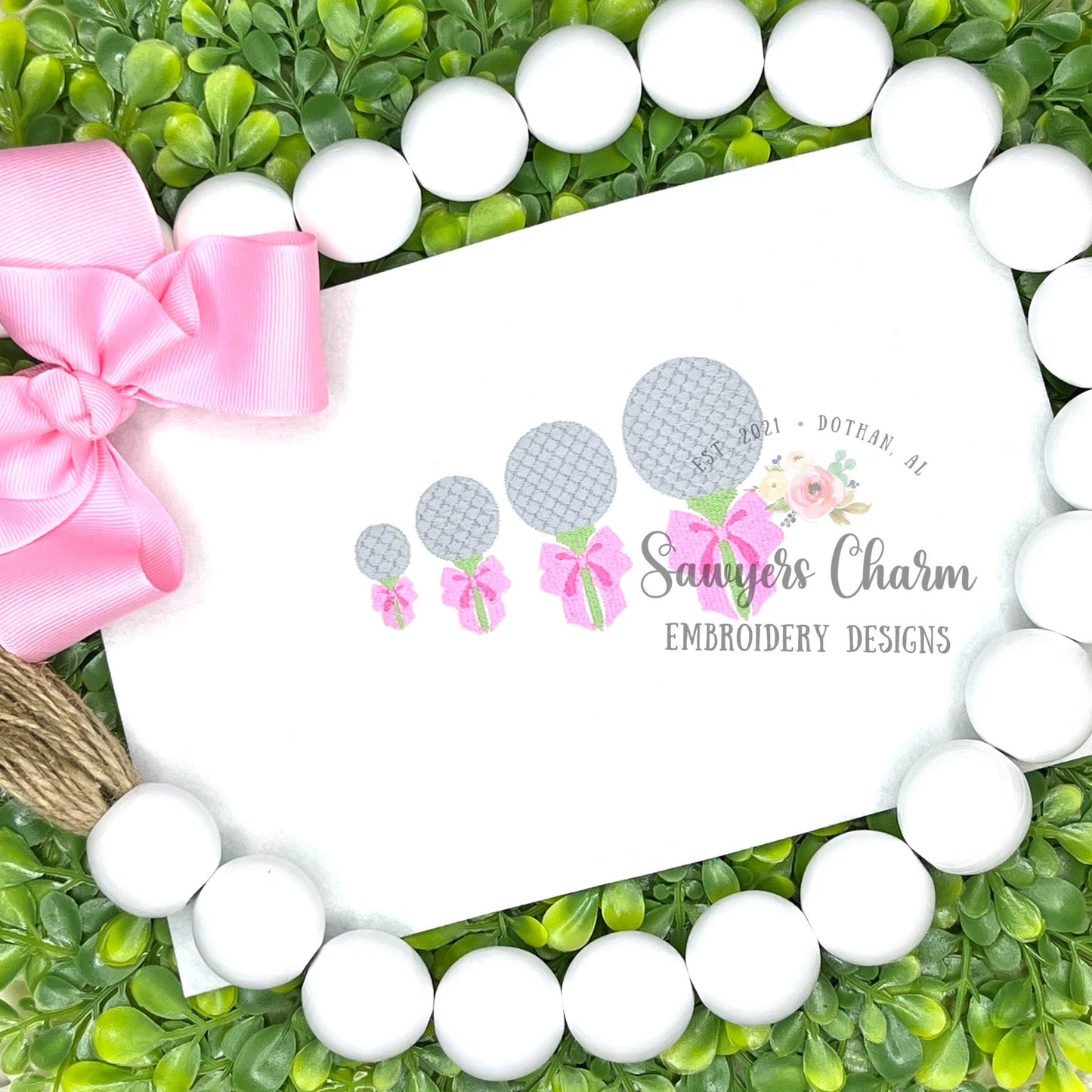 Mini filled Coquette bows golf ball on tee machine embroidery design, quick stitch, spring sports, perfect for monogram small sizes, masters
