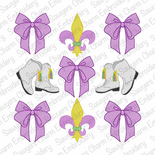 Coquette bows Mardi Gras grid, sketch stitch machine embroidery design, quick stitch, fleur de lis, majorette dance boots, large sizes