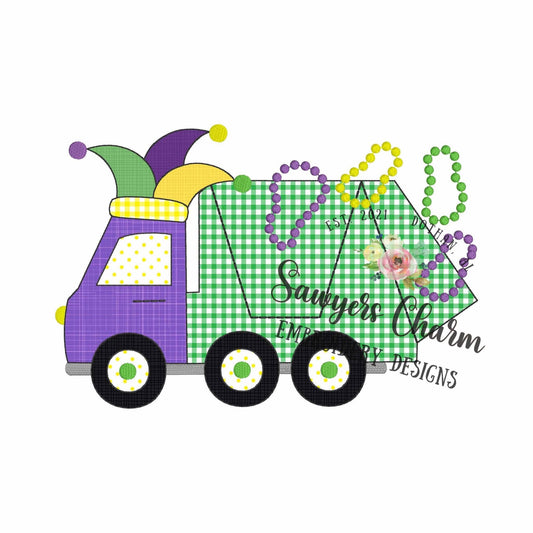 BUNDLE Mardi gras garbage truck with beads/jester hat bean & zig zag stitch machine applique embroidery design, quick stitch, party, parade