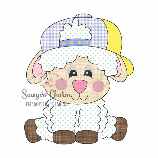 Sheep/lamb with baseball cap/hat bean stitch machine applique embroidery design file, spring farm animal, quick stitch, Easter