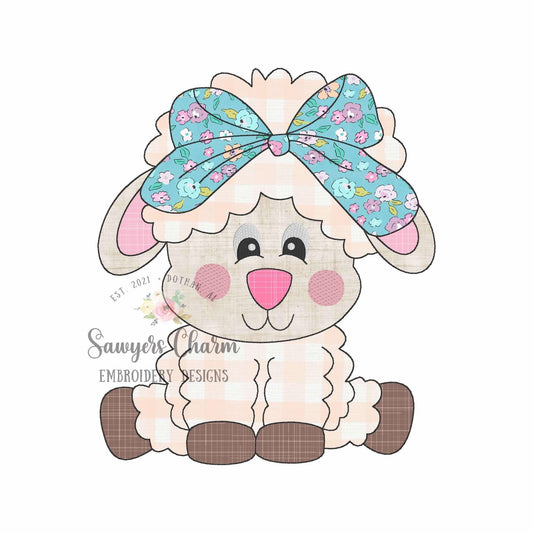 Sheep/lamb with coquette bow bean stitch machine applique embroidery design file, spring farm animal, quick stitch, Easter