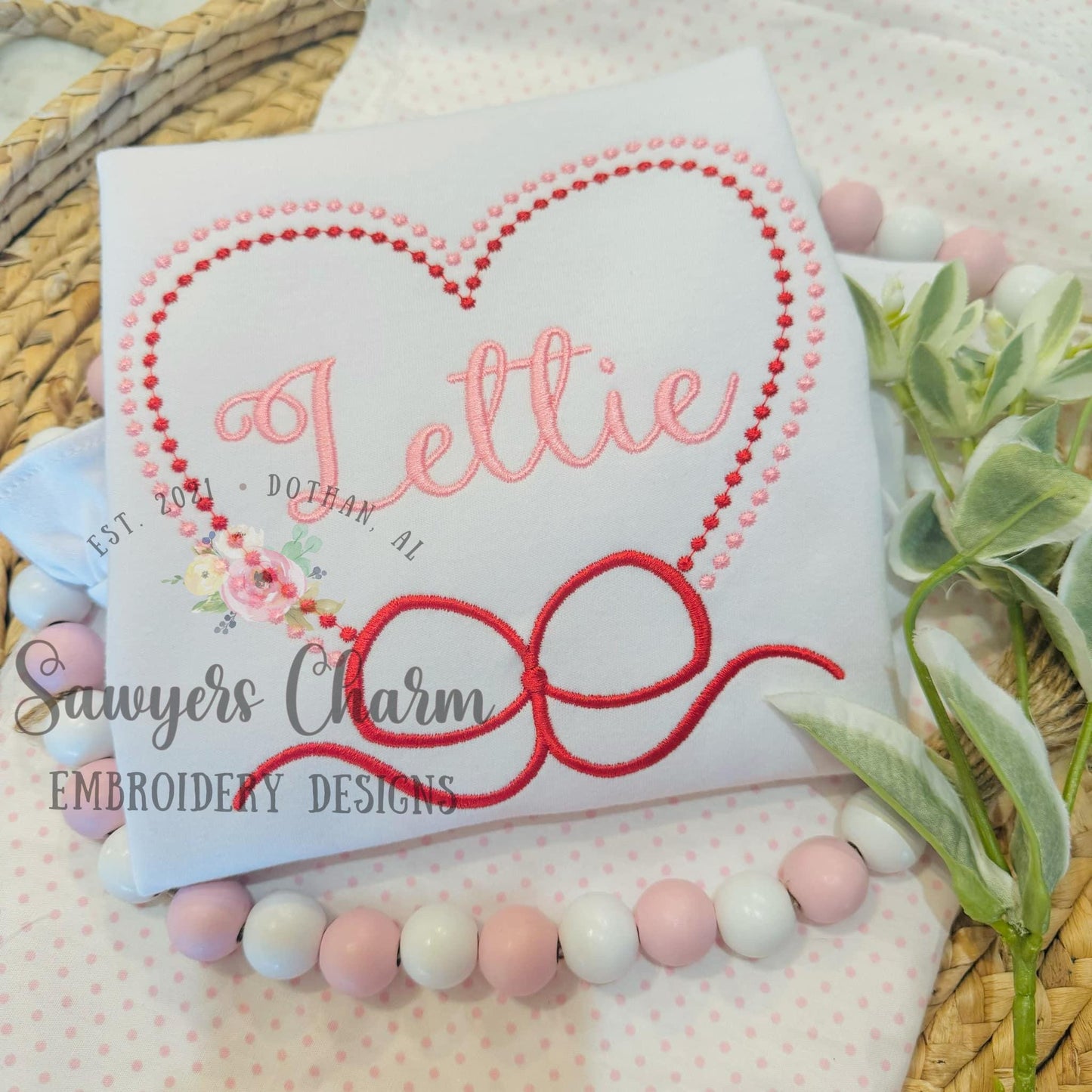 Valentine's Day dotted hearts with bow monogram frame, satin stitch machine embroidery design file, quick stitch, love XOXO
