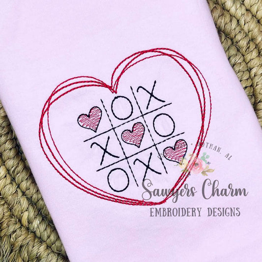 Valentine's Day Heart frame tic tac toe bean stitch machine embroidery design file, quick stitch, love day, game, sketch, XOXO, be mine