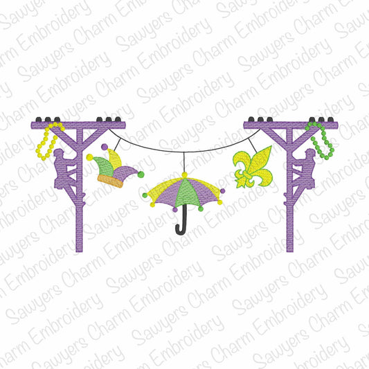 Mardi gras Lineman bunting banner sketch stitch machine embroidery design, quick stitch, beads, jester hat, umbrella, fleur de lis, parade