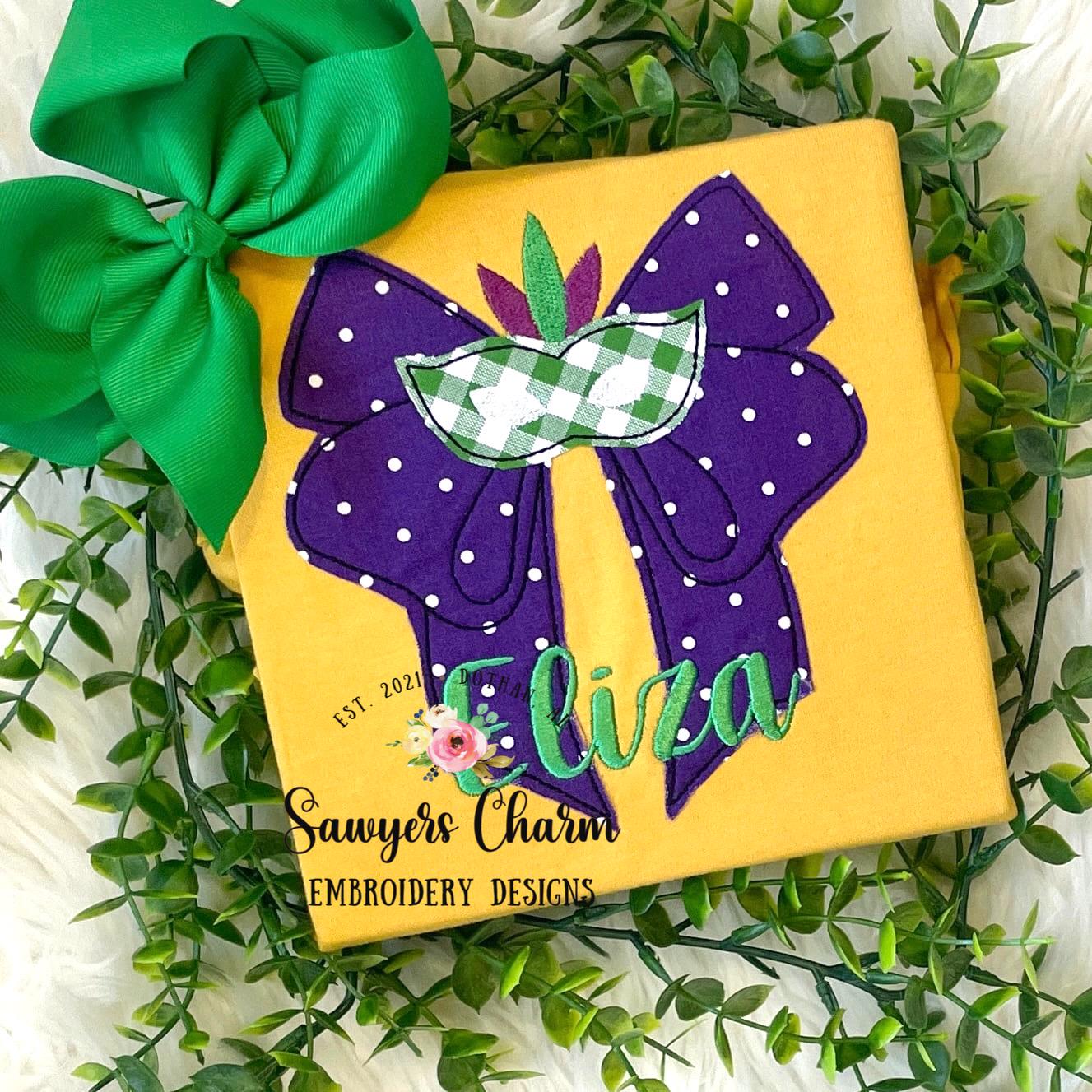 BUNDLE Coquette bow with Mardi Gras mask bean & zig zag stitch machine applique embroidery design, quick stitch, party, parade, large sizes