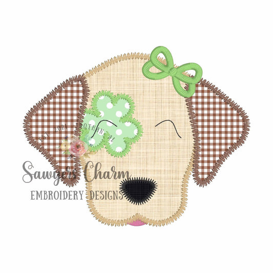 BUNDLE Puppy dog shamrock patch zig zag applique, machine embroidery design file, with & without bow, quick stitch, lab, St. Patrick's Day