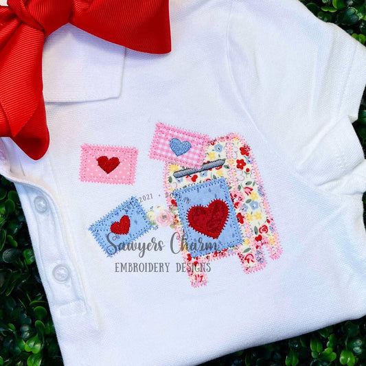 BUNDLE Valentine's Day mailbox & love letters zig zag and bean stitch machine embroidery design, quick stitch, XOXO, Be Mine, hearts