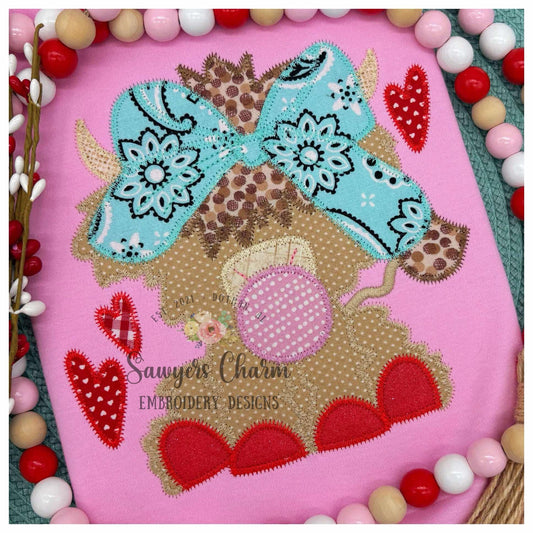 Highland cow with bow & hearts chewing gum zig zag stitch machine applique embroidery design file, Valentine's Day, love, coquette farm girl