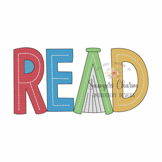 READ phrase with book sketch stitch machine embroidery design, quick stitch, learning, love to read, school, read across America