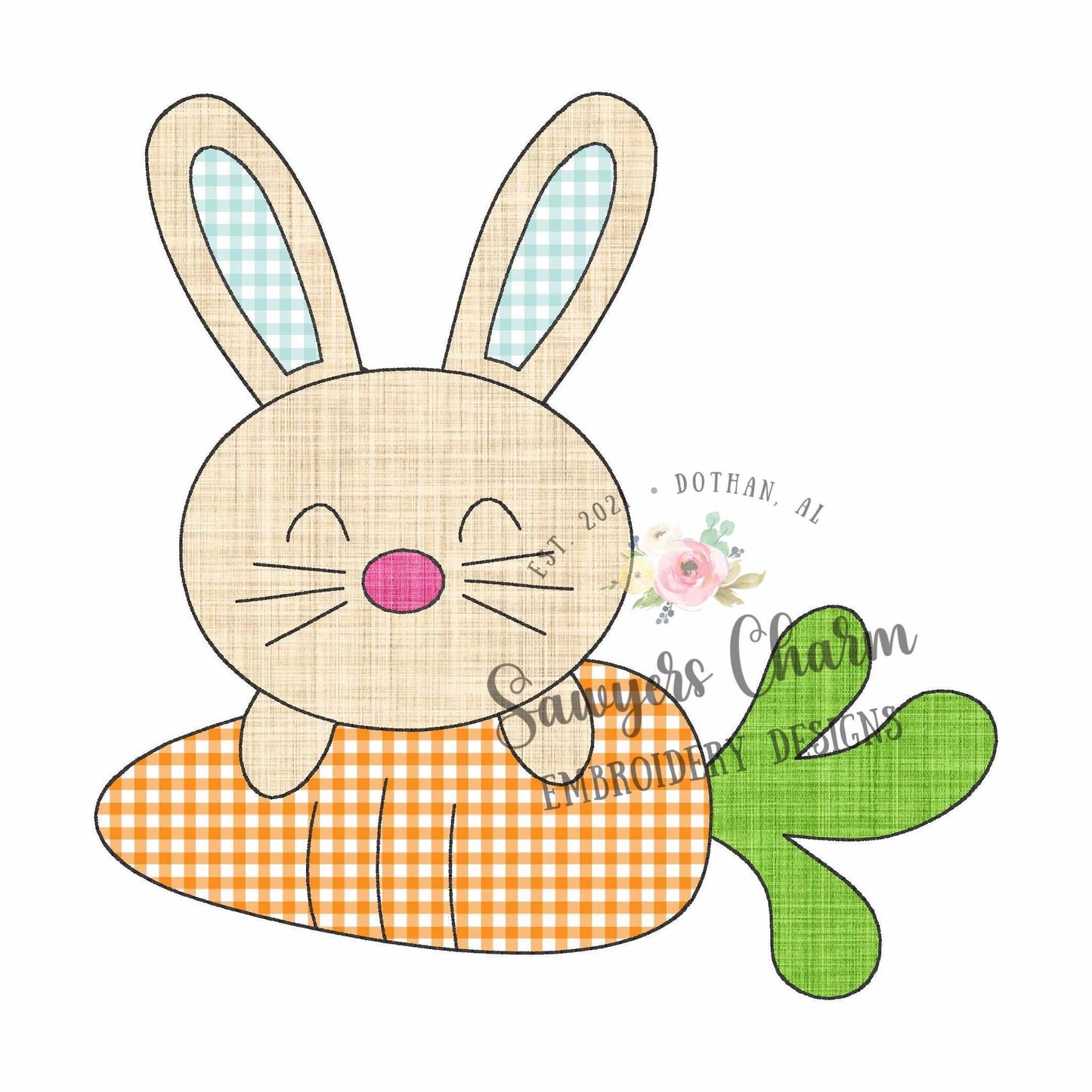 BUNDLE Bunny rabbit with carrot with/without bow bean & zig zag stitch machine applique embroidery design, Easter, spring garden, coquette