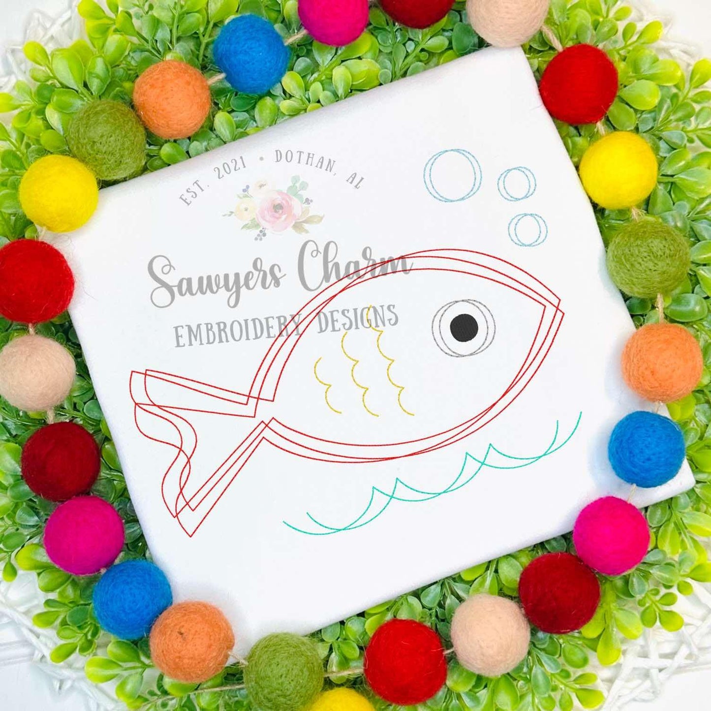 BUNDLE Squiggly single fish, water with bubbles, bean stitch machine embroidery design file, with/without bow, waves, ocean, lake, summer