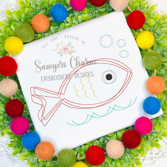 BUNDLE Squiggly single fish, water with bubbles, bean stitch machine embroidery design file, with/without bow, waves, ocean, lake, summer