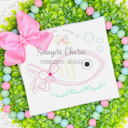 BUNDLE Squiggly single fish, water with bubbles, bean stitch machine embroidery design file, with/without bow, waves, ocean, lake, summer