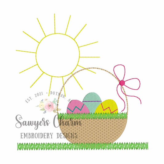 Mini fill Easter basket & coquette bow in grass with bean stitch sunshine, machine embroidery design, quick stitch, vintage, spring egg hunt