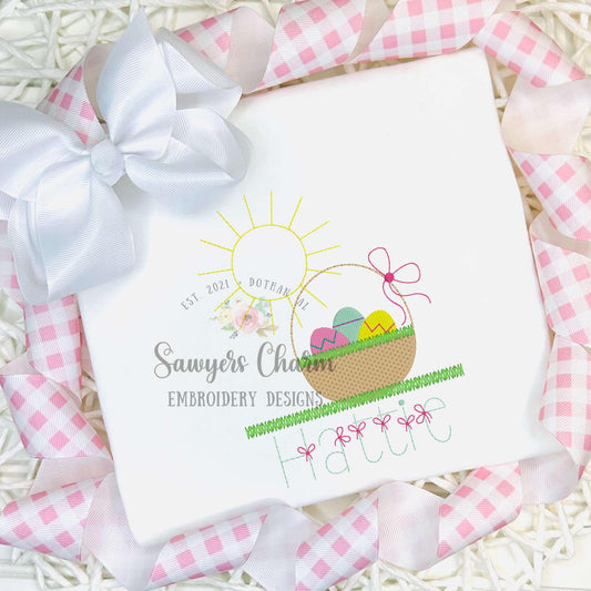 Mini fill Easter basket & coquette bow in grass with bean stitch sunshine, machine embroidery design, quick stitch, vintage, spring egg hunt
