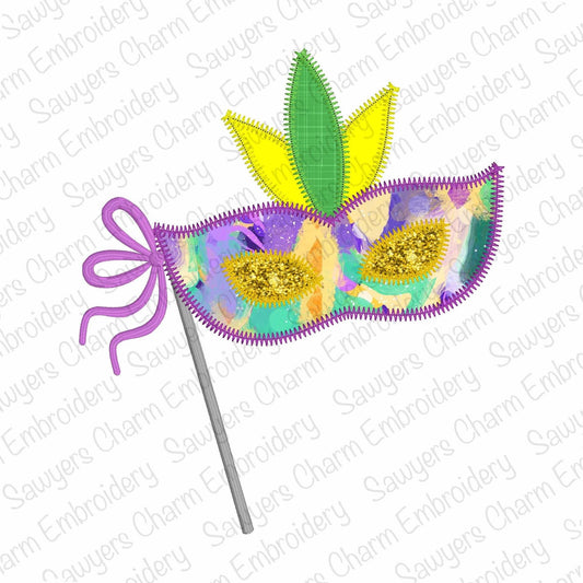 Mardi gras mask with coquette bow zig zag stitch machine applique embroidery design, quick stitch, fleur de lis, party, parade, masquerade