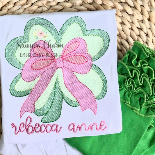 Coquette four leaf clover with bow sketch stitch machine embroidery design, quick stitch, St. Patrick's Day, good luck charm, shamrock