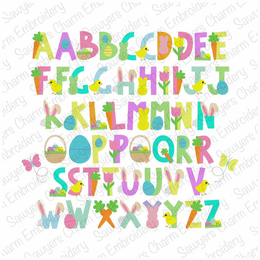 Easter/spring machine embroidery font fill stitch letters, chick, butterfly, carrot, bunny rabbit, eggs & basket, tulip flowers, BX included
