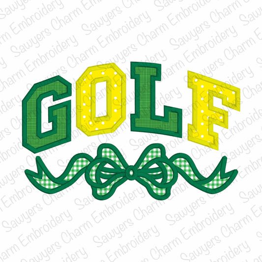GOLF with coquette bow satin stitch machine embroidery design file, Masters tournament, love, spring sports, athletic style letters
